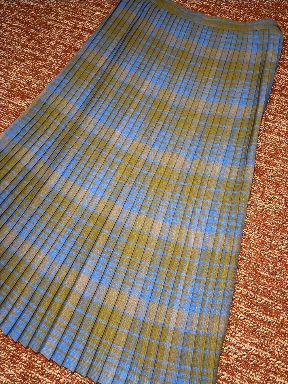 Vintage 60s/70s accordion skirt tartan plaid blue green pleated midi tea length